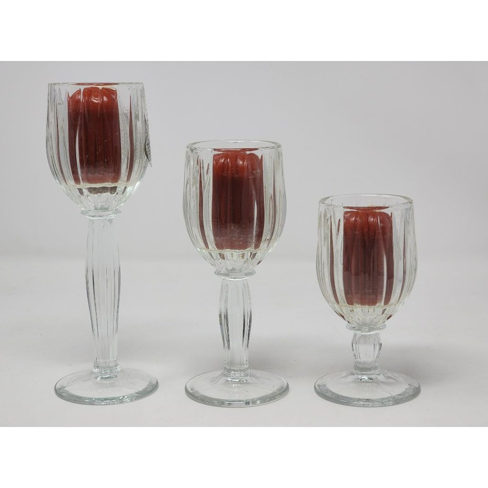 Vintage Home Interior Set Of 3 Stemmed Clear Ribbed Tulip Cut Glass Look